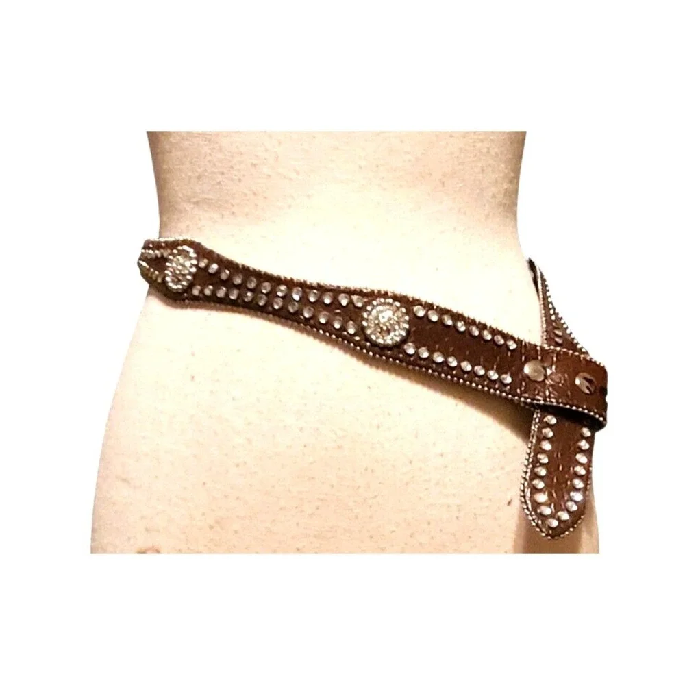 Vintage Nocona Brown Leather Belt 28 Conchos Rhinestones Studded Rockstar